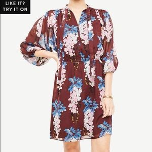 Ann Taylor Floral Tie Neck Dress Maroon